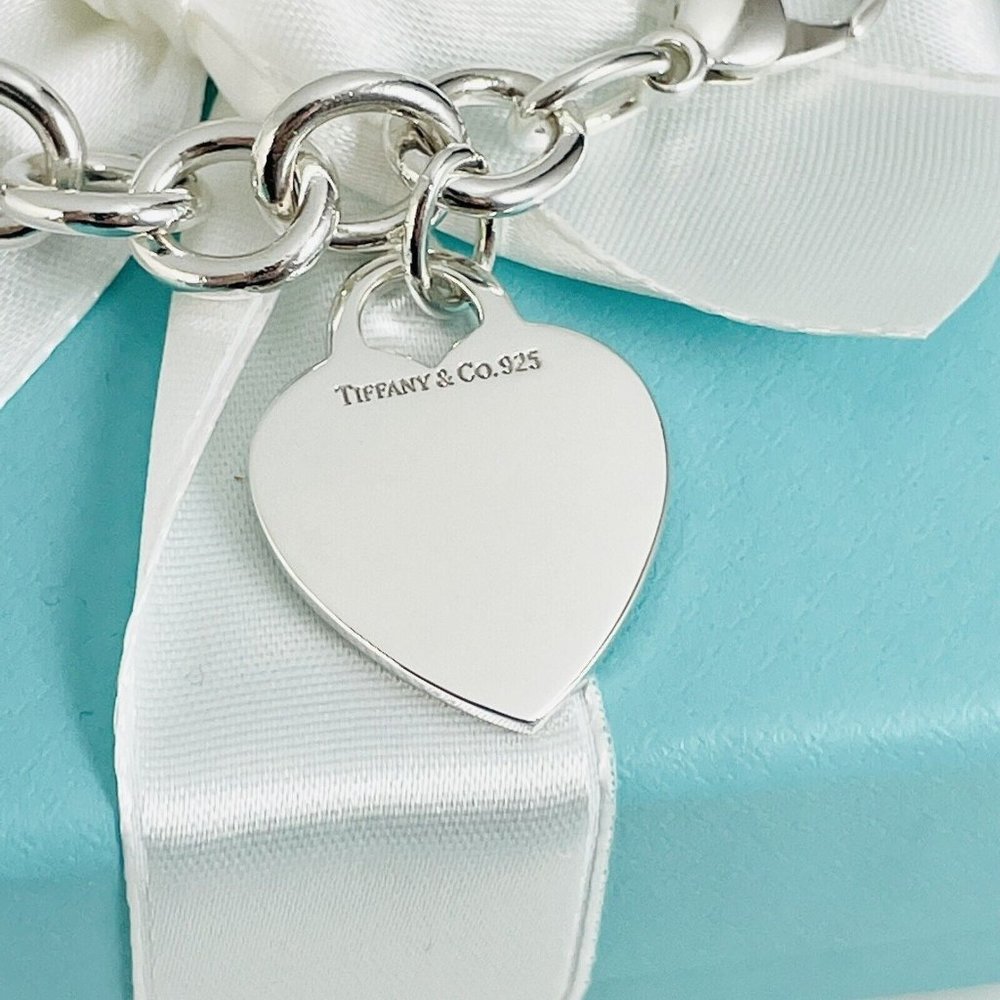 8" Tiffany & Co Classic Blank Heart Tag Charm Bracelet in Sterling Silver